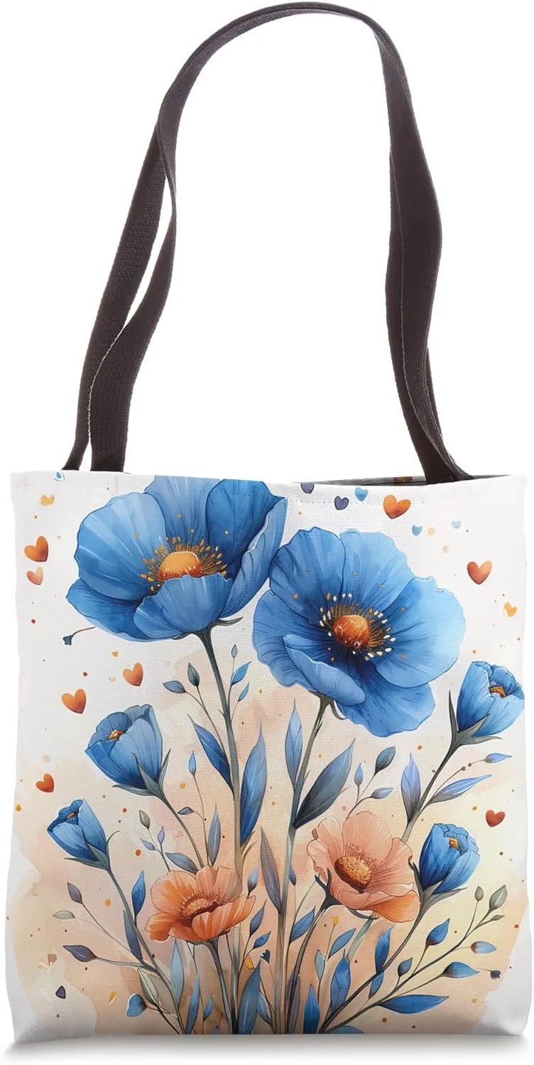 Flax Flower With Hearts Around Boho Style Graphic Tote Bag