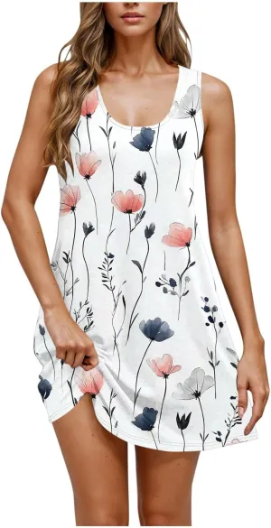 Floral Dress for Women Boho Beach Vacation Sundress Vintage Sleeveless Summer Dresses Casual Dress Resort Wear