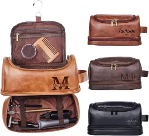 Flycalf Personalized Toiletry Bag for Men Leather Toiletries with Hanging Hook Shaving Bag Bathroom Organizer Leather Engraved Text Shower Toiletries
