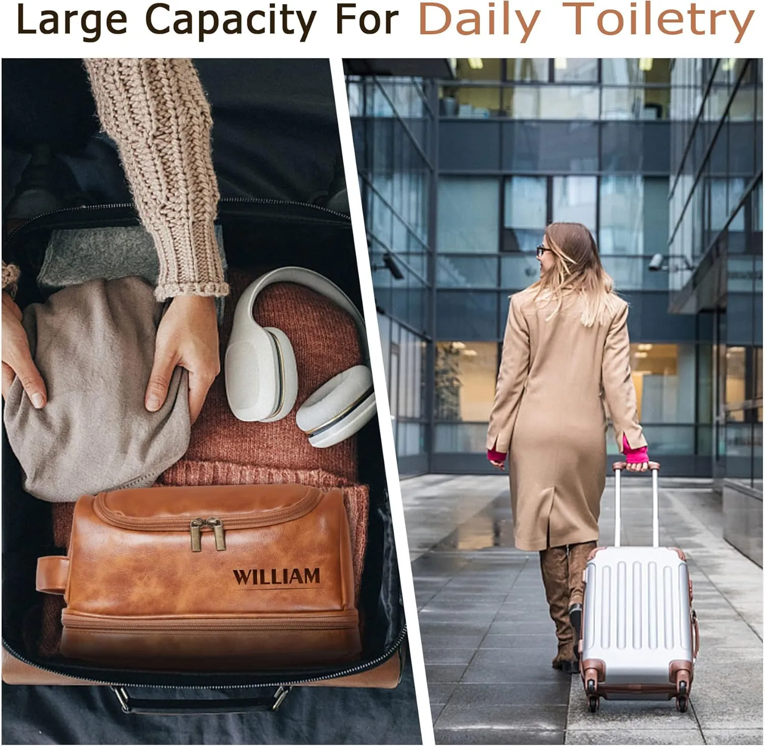 Flycalf Personalized Toiletry Bag for Men Leather Toiletries with Hanging Hook Shaving Bag Bathroom Organizer Leather Engraved Text Shower Toiletries
