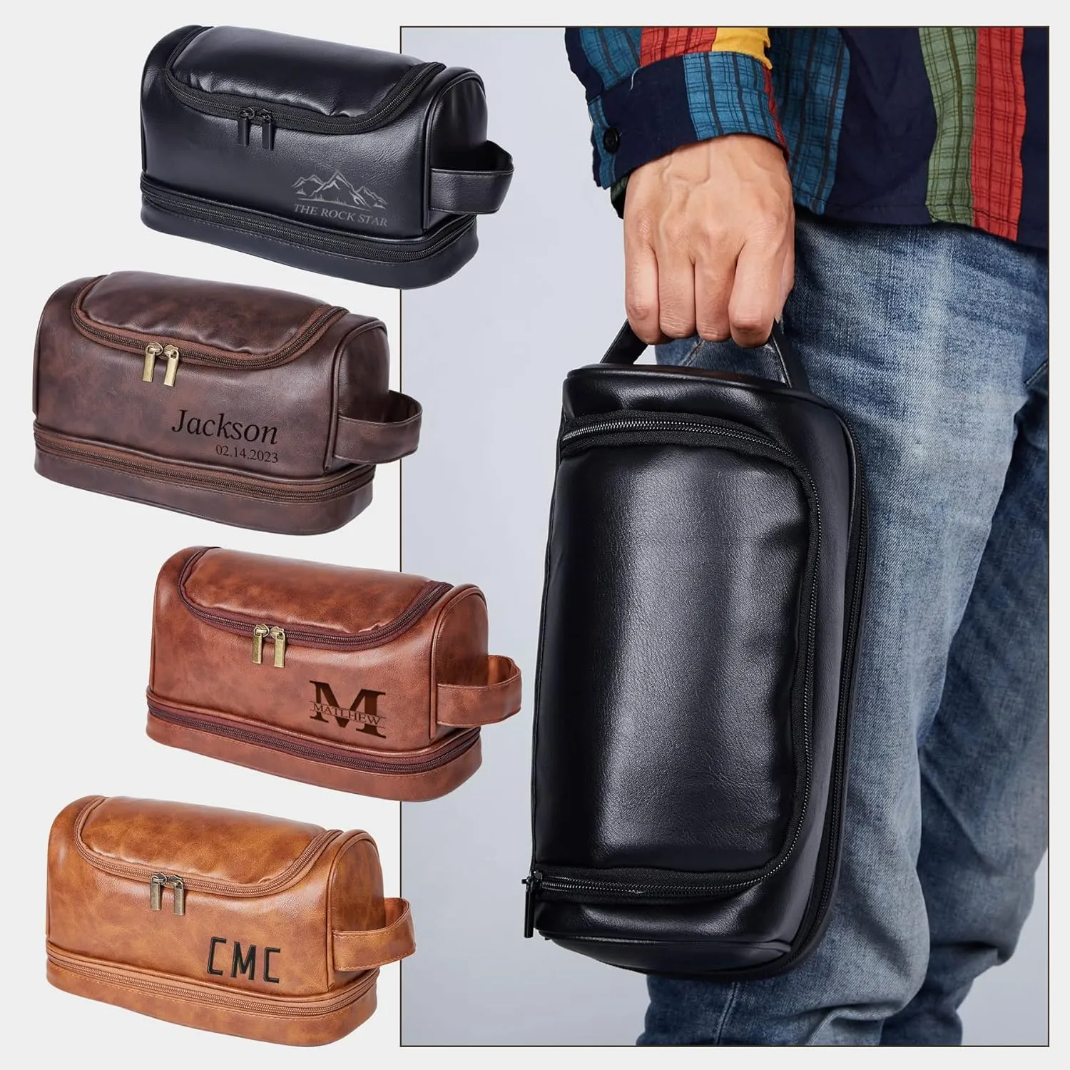 Flycalf Personalized Toiletry Bag for Men Leather Toiletries with Hanging Hook Shaving Bag Bathroom Organizer Leather Engraved Text Shower Toiletries