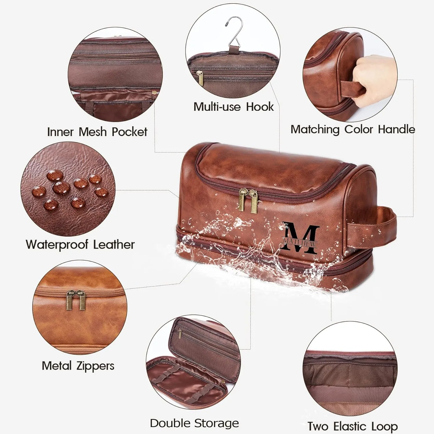 Flycalf Personalized Toiletry Bag for Men Leather Toiletries with Hanging Hook Shaving Bag Bathroom Organizer Leather Engraved Text Shower Toiletries