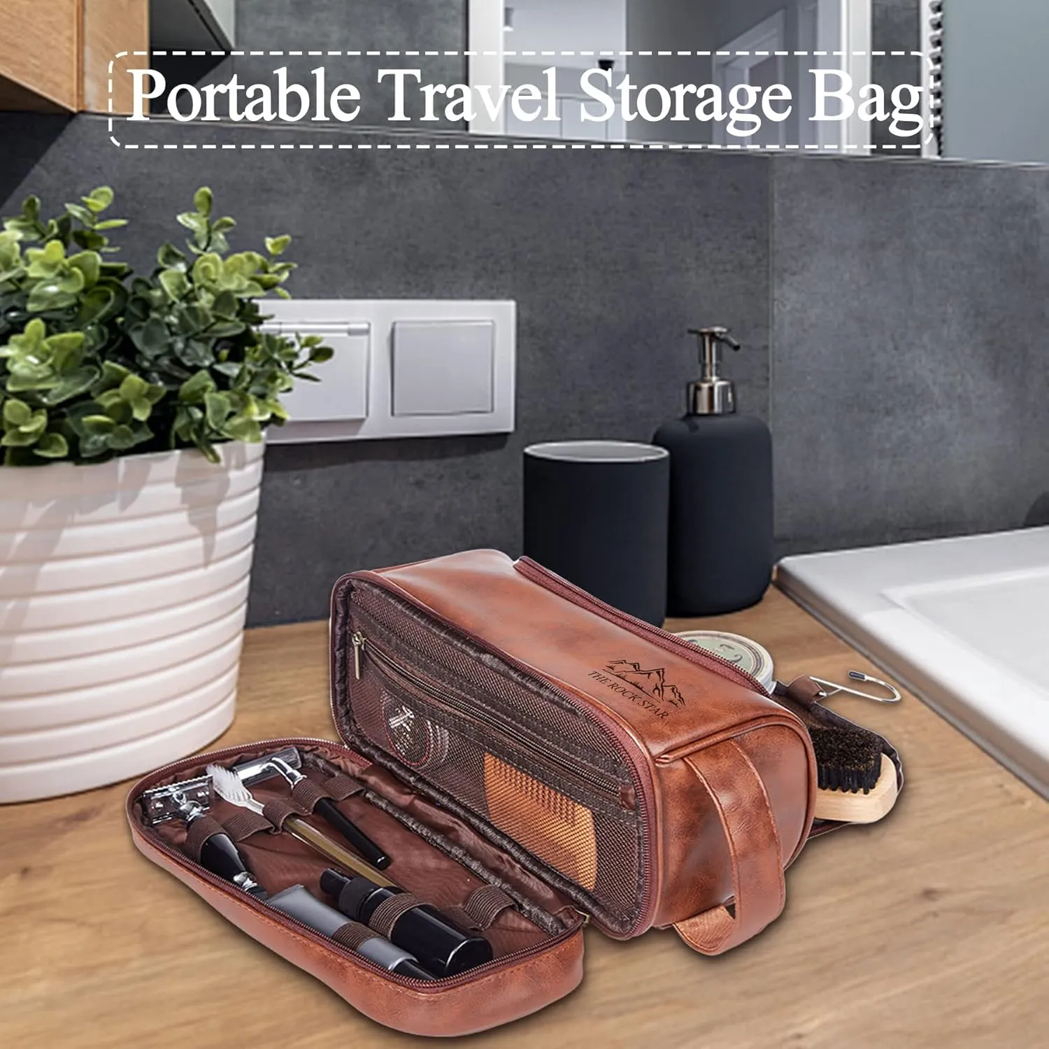 Flycalf Personalized Toiletry Bag for Men Leather Toiletries with Hanging Hook Shaving Bag Bathroom Organizer Leather Engraved Text Shower Toiletries