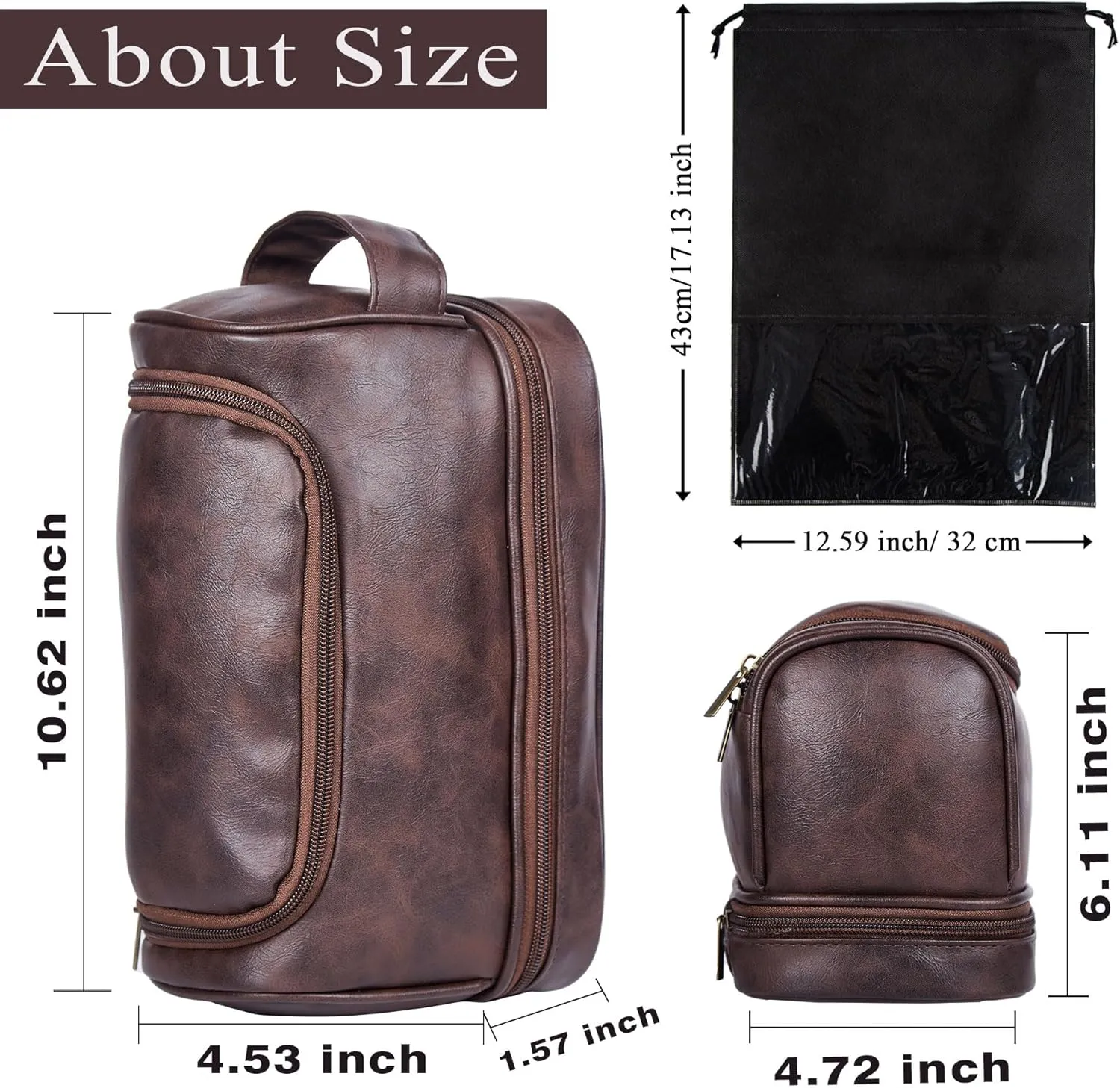 Flycalf Personalized Toiletry Bag for Men Leather Toiletries with Hanging Hook Shaving Bag Bathroom Organizer Leather Engraved Text Shower Toiletries