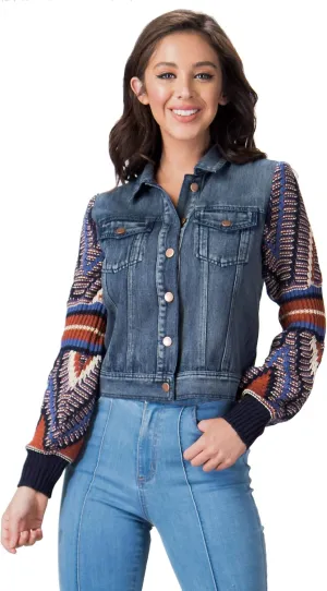 Flying Tomato Women's Boho Sweater Sleeve Denim Jacket
