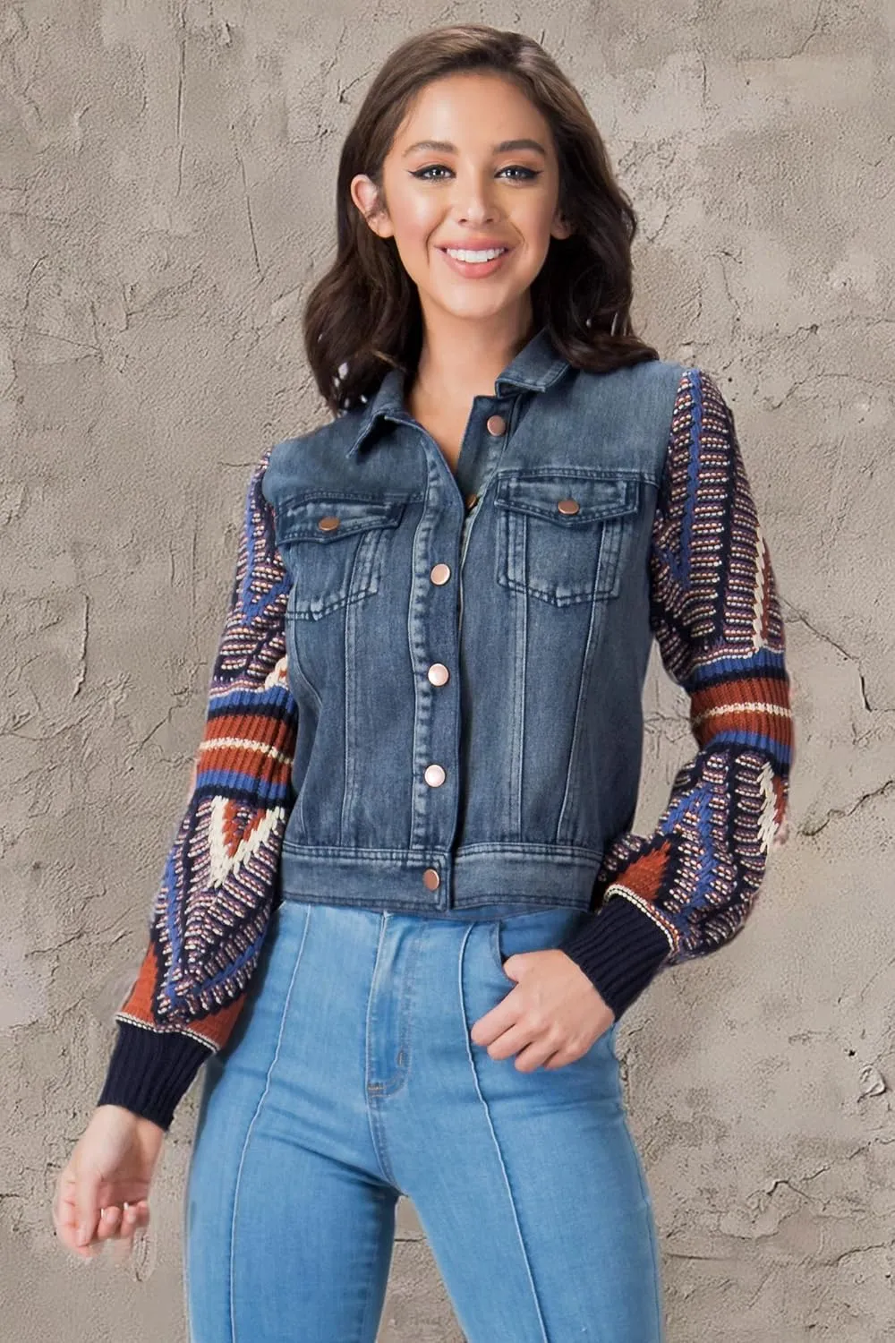 Flying Tomato Women's Boho Sweater Sleeve Denim Jacket