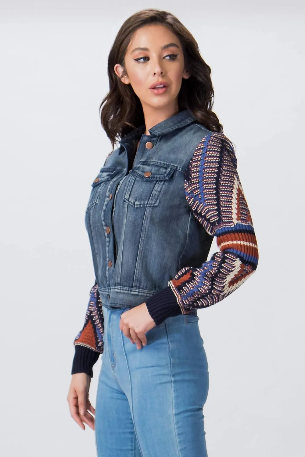 Flying Tomato Women's Boho Sweater Sleeve Denim Jacket