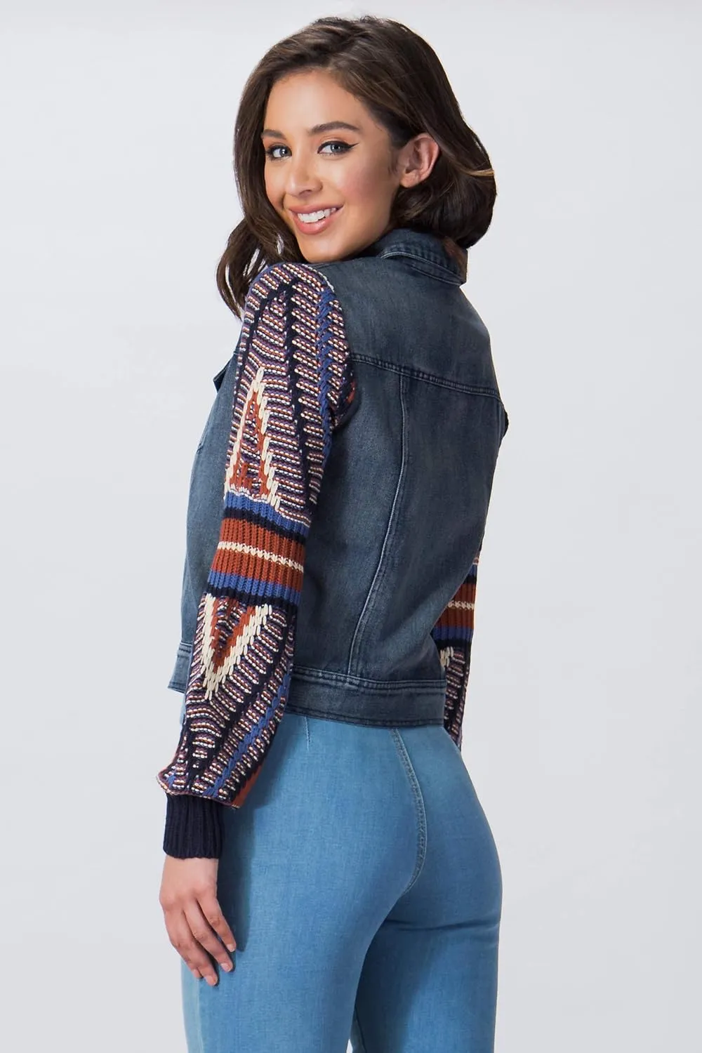 Flying Tomato Women's Boho Sweater Sleeve Denim Jacket