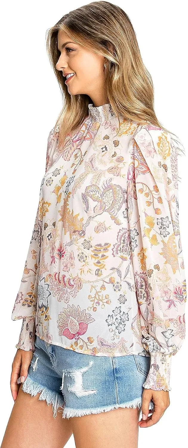 Flying Tomato Women's Juniors Boho Chiffon Smocked Mock Neck Blouse