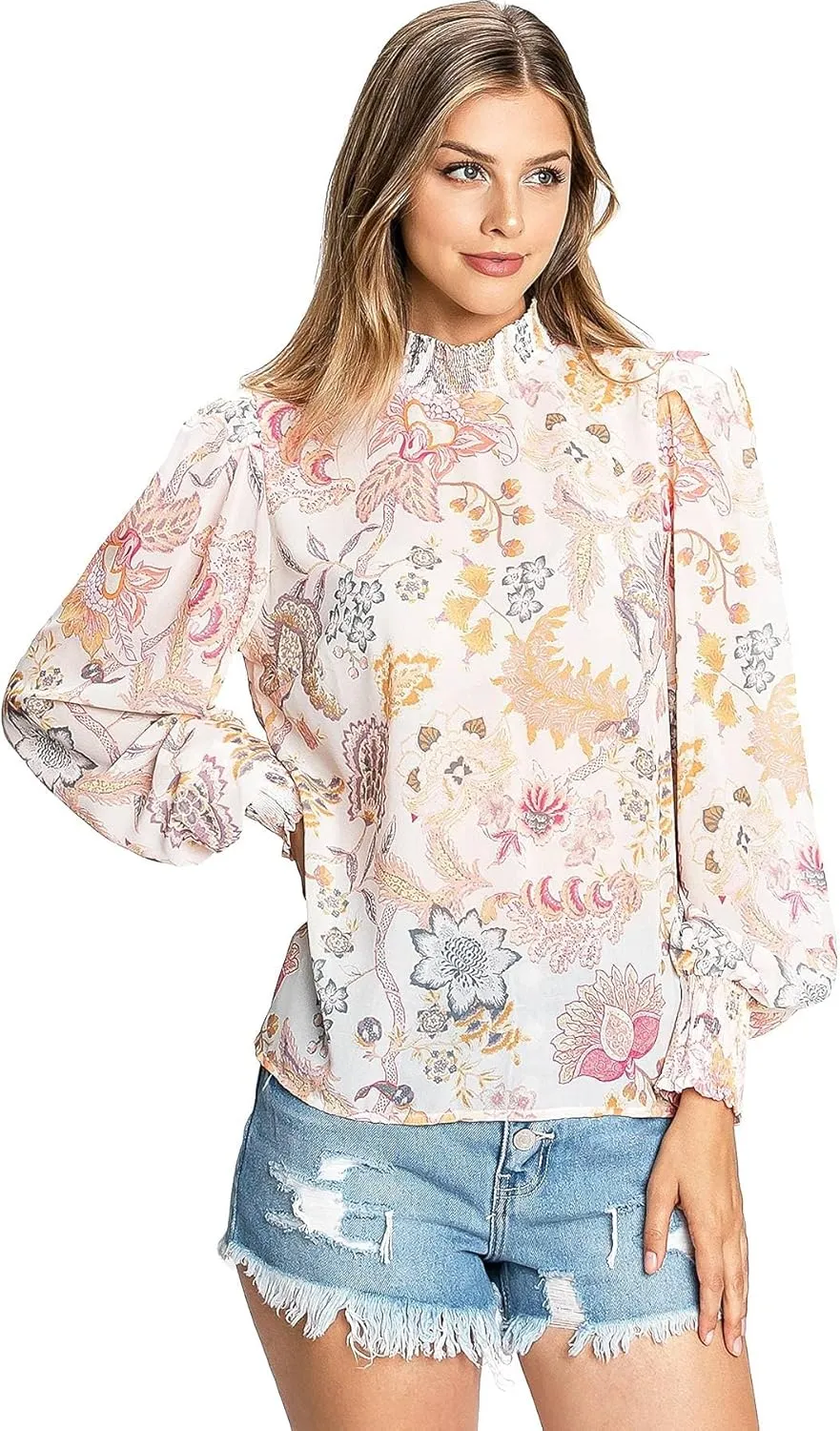 Flying Tomato Women's Juniors Boho Chiffon Smocked Mock Neck Blouse