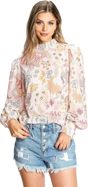 Flying Tomato Women's Juniors Boho Chiffon Smocked Mock Neck Blouse