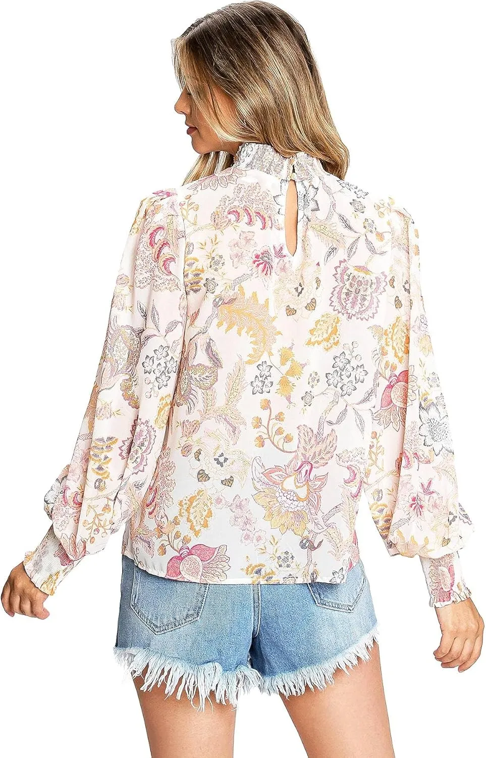 Flying Tomato Women's Juniors Boho Chiffon Smocked Mock Neck Blouse