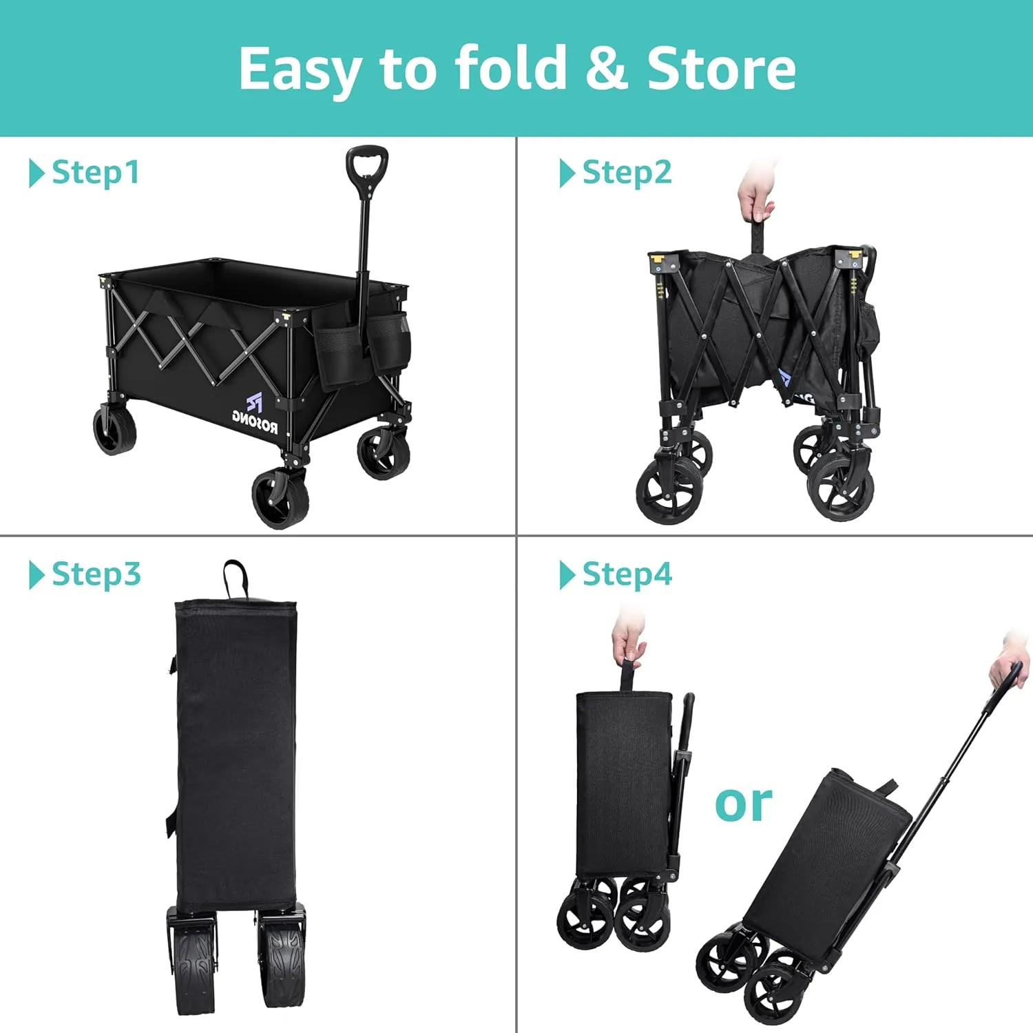 Folding Wagon Cart with Wheels Foldable - Collapsible Wagons Heavy Duty, Fold Up Portable Utility Wagon for Grocery Beach Sports Fishing Camping Shopping, Carrito para Cargar Cosas Con Ruedas