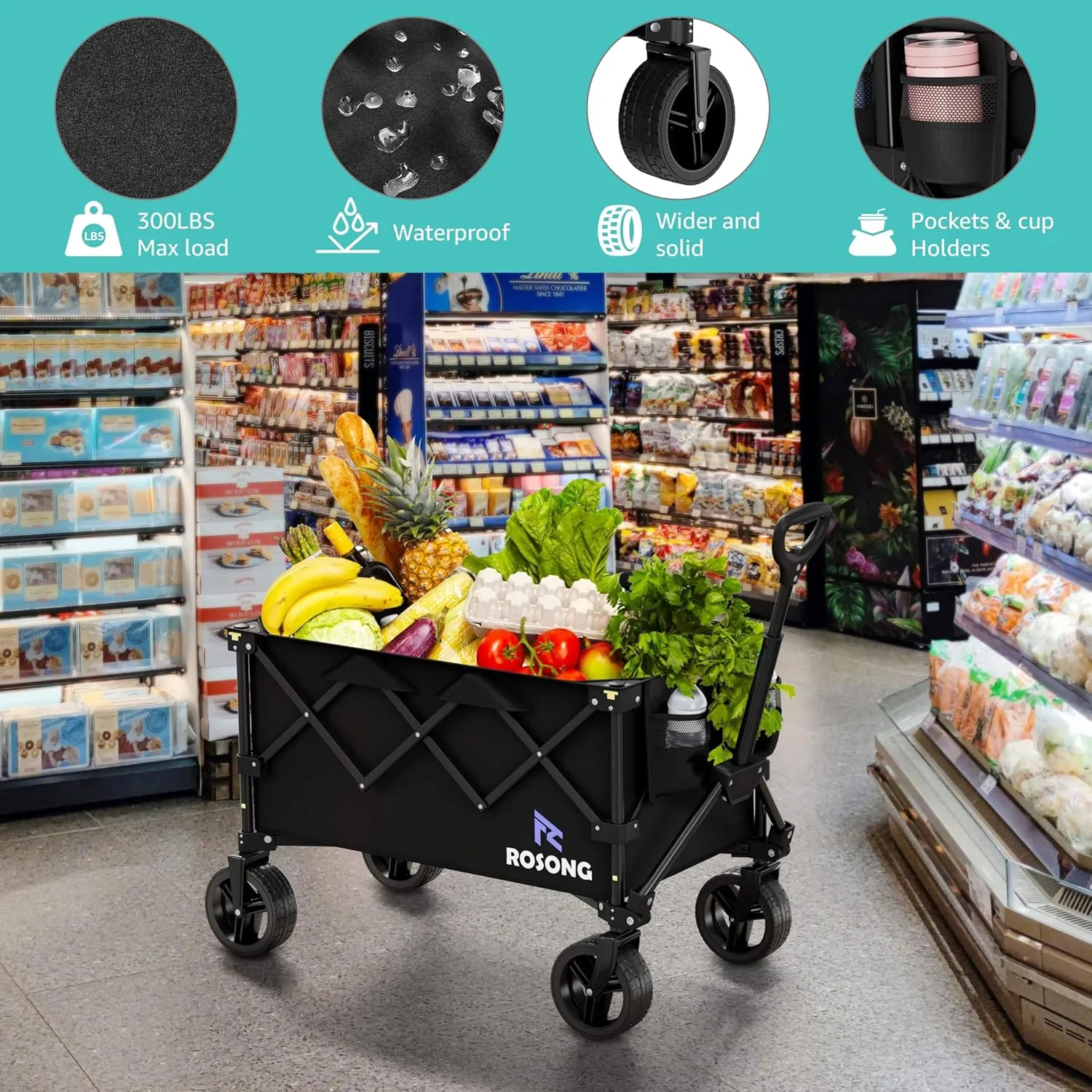 Folding Wagon Cart with Wheels Foldable - Collapsible Wagons Heavy Duty, Fold Up Portable Utility Wagon for Grocery Beach Sports Fishing Camping Shopping, Carrito para Cargar Cosas Con Ruedas