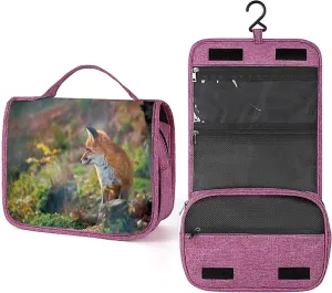Fox Pattern,Toiletry Bag for Women,Young Red Fox,Water-resistant Hanging Bathroom Travel Makeup Organizer,Cosmetic Case Traveling for Full Accessories,Brown Green