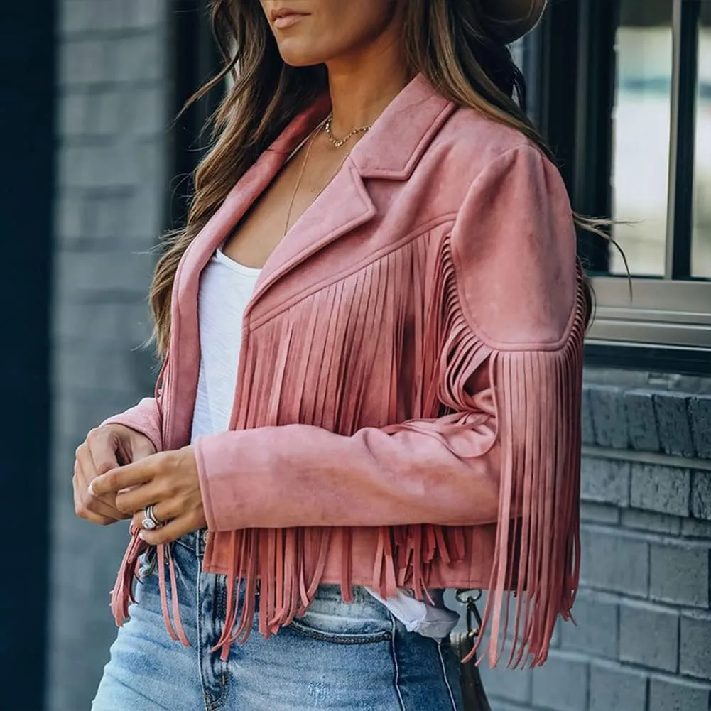 Fringe Faux Suede Leather Jackets for Women Tassel Motorcycle Moto Biker Short Open Front Tassel Coat