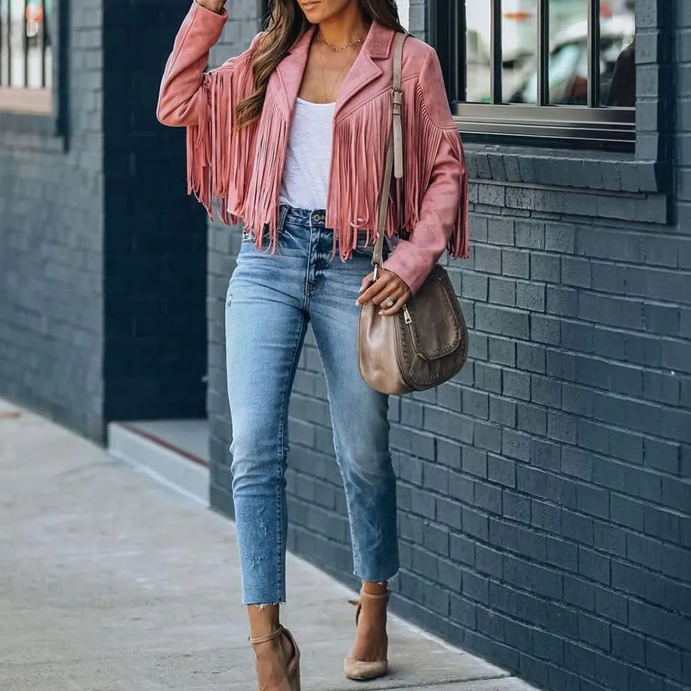 Fringe Faux Suede Leather Jackets for Women Tassel Motorcycle Moto Biker Short Open Front Tassel Coat