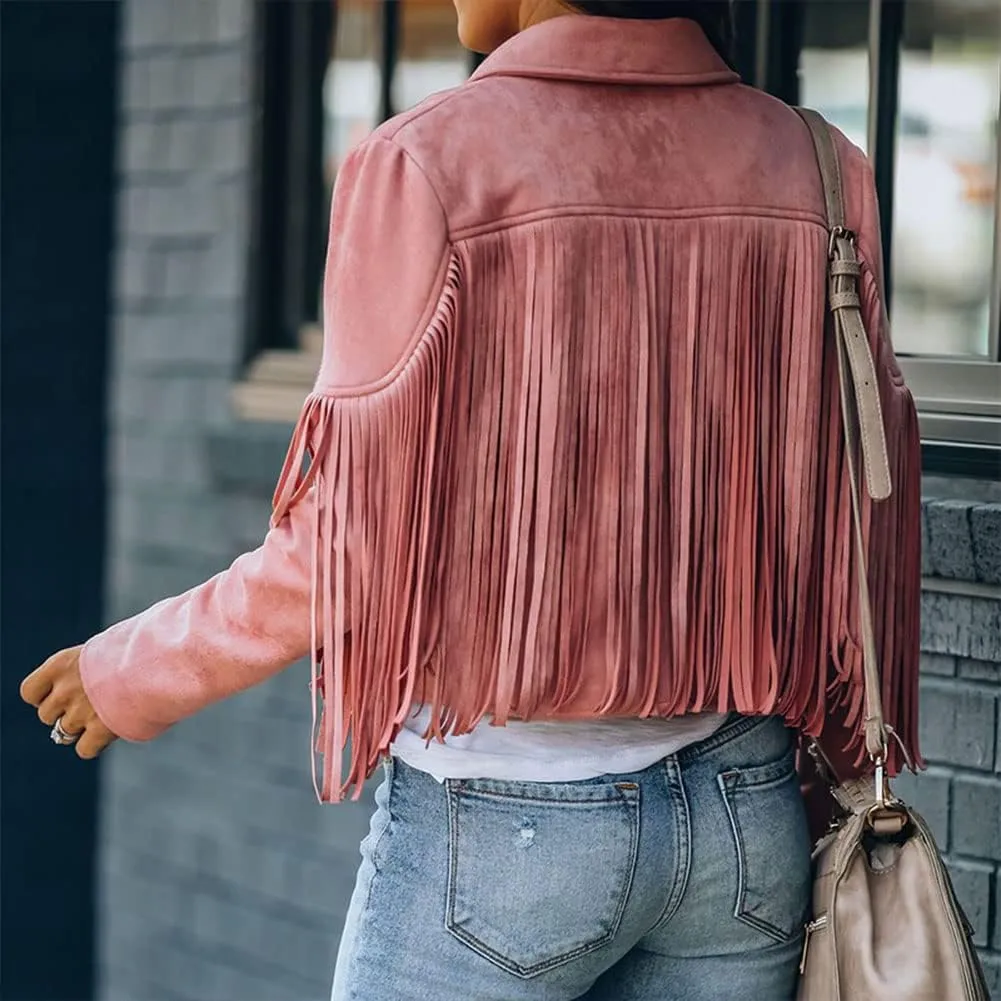 Fringe Faux Suede Leather Jackets for Women Tassel Motorcycle Moto Biker Short Open Front Tassel Coat