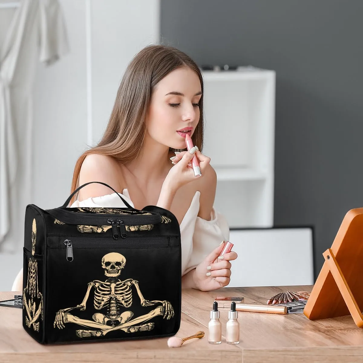 Funny Human Skeleton Skull Travel Toiletry Bag for Men and Women, Large Hanging Makeup Bag Organizer Toiletries Bag for Travel, Cosmetic Bag with Handle