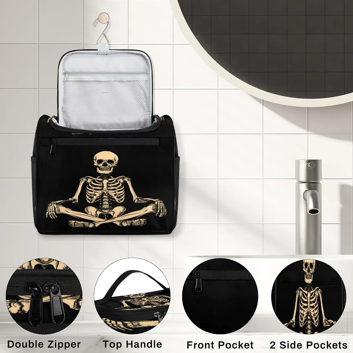 Funny Human Skeleton Skull Travel Toiletry Bag for Men and Women, Large Hanging Makeup Bag Organizer Toiletries Bag for Travel, Cosmetic Bag with Handle