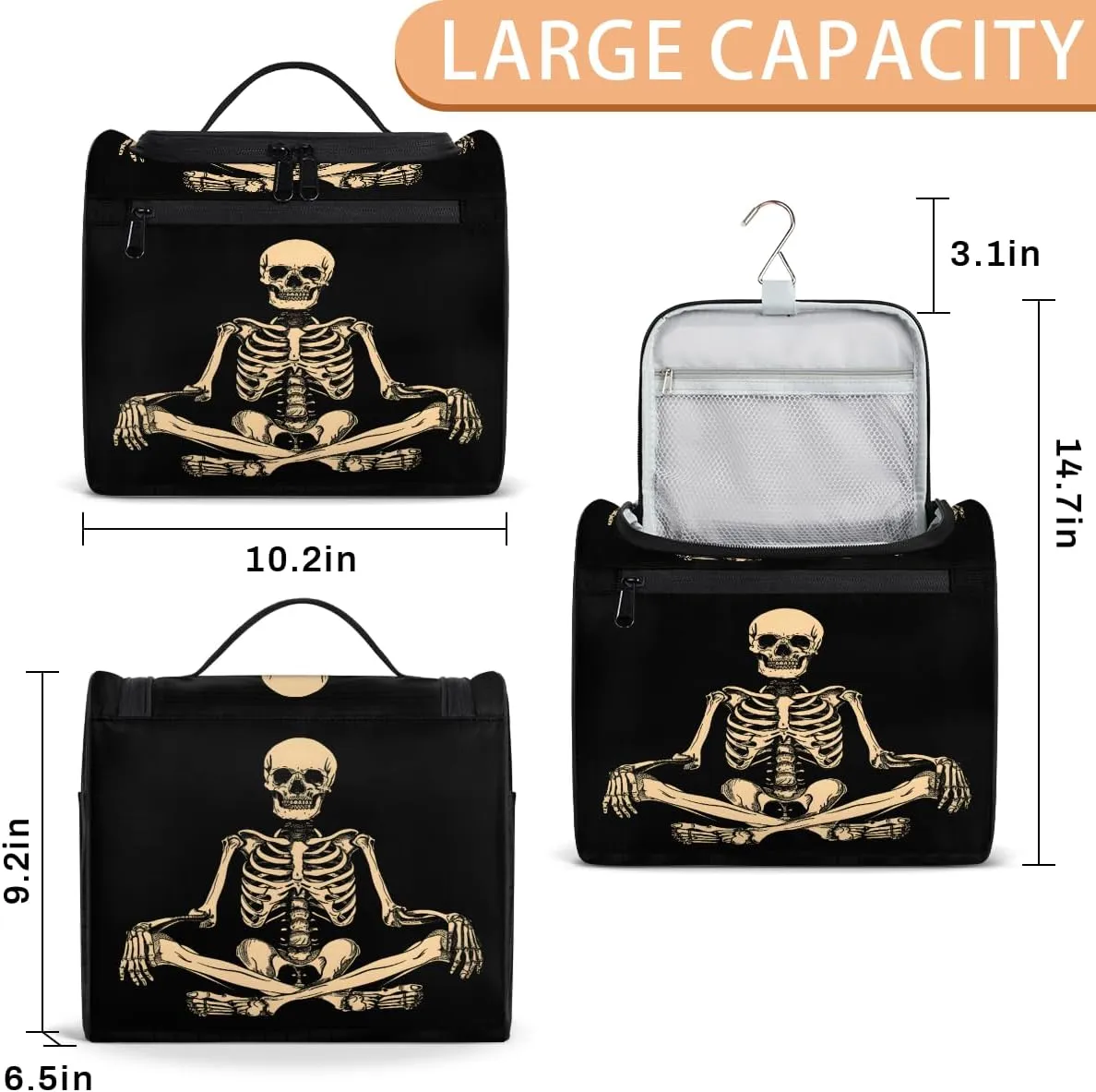 Funny Human Skeleton Skull Travel Toiletry Bag for Men and Women, Large Hanging Makeup Bag Organizer Toiletries Bag for Travel, Cosmetic Bag with Handle