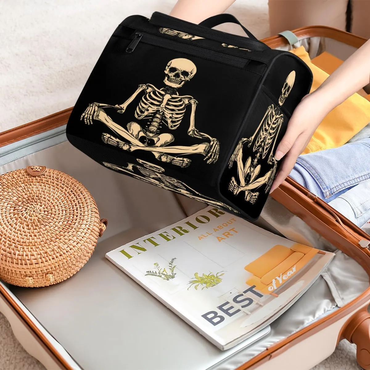 Funny Human Skeleton Skull Travel Toiletry Bag for Men and Women, Large Hanging Makeup Bag Organizer Toiletries Bag for Travel, Cosmetic Bag with Handle