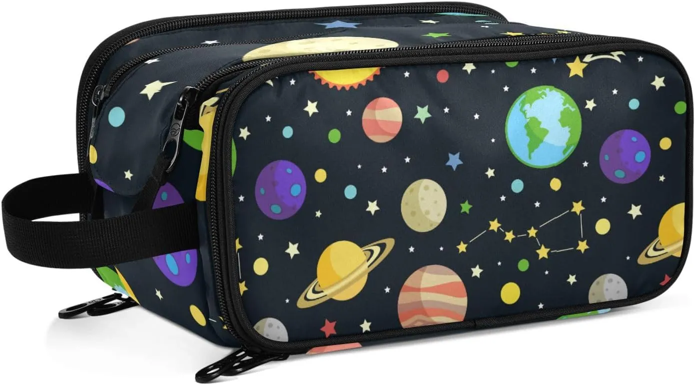 Galaxy Space Seamless Colorful Planets Stars Comets on Black Women's Portable Makeup Bag with Handle, Cosmetic Bag, Travel Cosmetic Bag Durable Toiletry Storage Organizer 11 x 7 x 5.7 inch