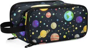 Galaxy Space Seamless Colorful Planets Stars Comets on Black Women's Portable Makeup Bag with Handle, Cosmetic Bag, Travel Cosmetic Bag Durable Toiletry Storage Organizer 11 x 7 x 5.7 inch