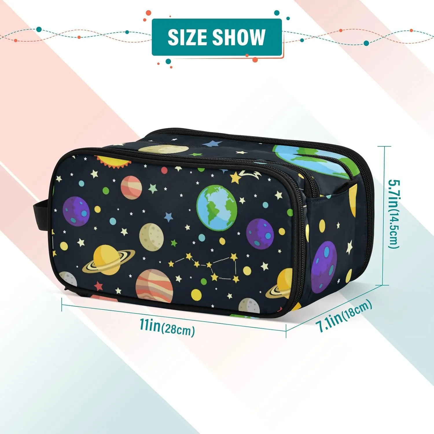 Galaxy Space Seamless Colorful Planets Stars Comets on Black Women's Portable Makeup Bag with Handle, Cosmetic Bag, Travel Cosmetic Bag Durable Toiletry Storage Organizer 11 x 7 x 5.7 inch