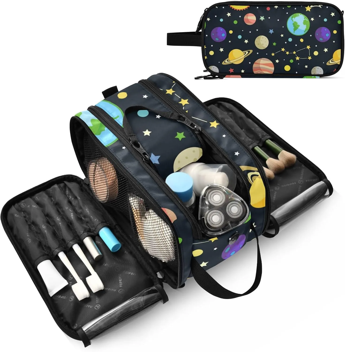 Galaxy Space Seamless Colorful Planets Stars Comets on Black Women's Portable Makeup Bag with Handle, Cosmetic Bag, Travel Cosmetic Bag Durable Toiletry Storage Organizer 11 x 7 x 5.7 inch