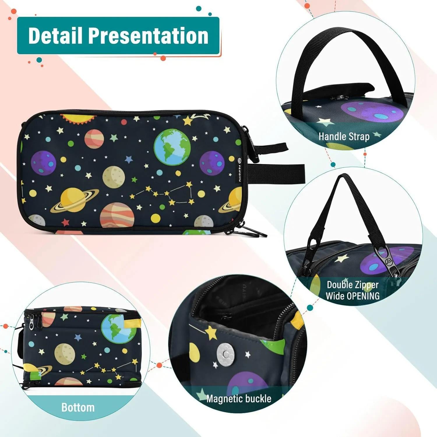 Galaxy Space Seamless Colorful Planets Stars Comets on Black Women's Portable Makeup Bag with Handle, Cosmetic Bag, Travel Cosmetic Bag Durable Toiletry Storage Organizer 11 x 7 x 5.7 inch