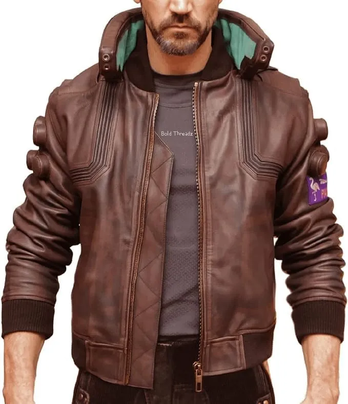 Gaming Samurai Cyber Cosplay Brown Bomber Gaming Punk Cyborg Leather Jacket for Men