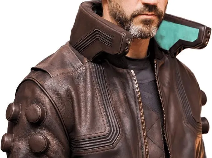 Gaming Samurai Cyber Cosplay Brown Bomber Gaming Punk Cyborg Leather Jacket for Men