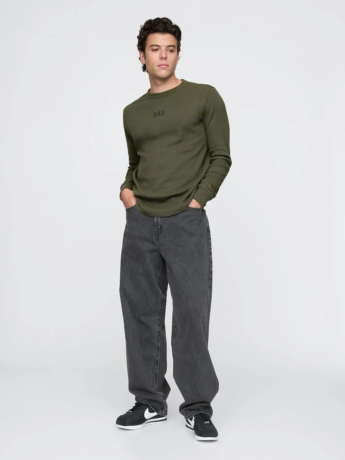 GAP Men's Long Sleeve Logo Waffle Crewneck Tee T-Shirt