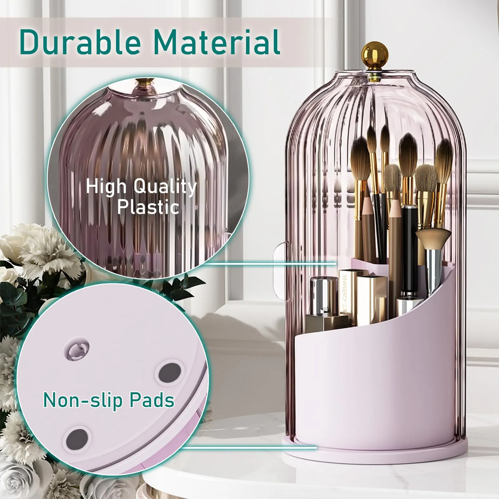 GAXmi Makeup Brush Holder with Lid Cosmetic Tools Organizer 360 Rotating Waterproof Dustproof Beauty Brushes Storage for Vanity, Pink-Purple