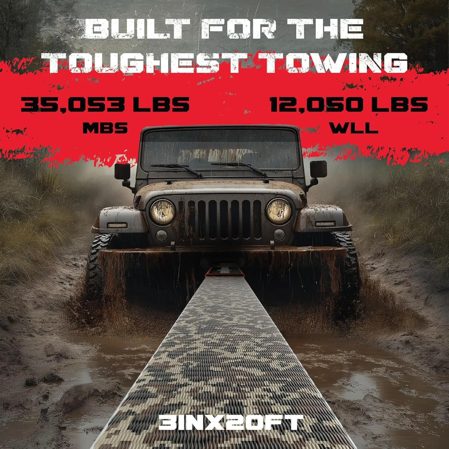 GearAmerica Heavy Duty 3"x20' Tow & Winch Strap - 35,053lbs Tree Saver, Break Strength Recovery Rope for Offroad & Towing - Weather Resistant, Triple Reinforced Loops (Camo) - Tow Strap