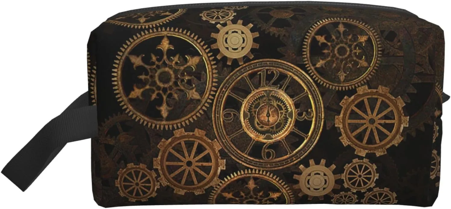 Gears Clock Bronze Century Print Travel Toiletry Organizer Bag, Cosmetic & Storage Pouch For Travel And Daily Use