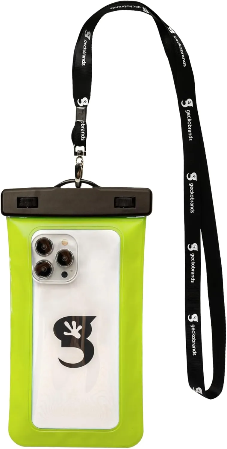geckobrands Large Phone Dry Bag – IPX8 Waterproof with Lanyard for Submersion Protection – Fits Most iPhone and Samsung Galaxy Models Neon Green
