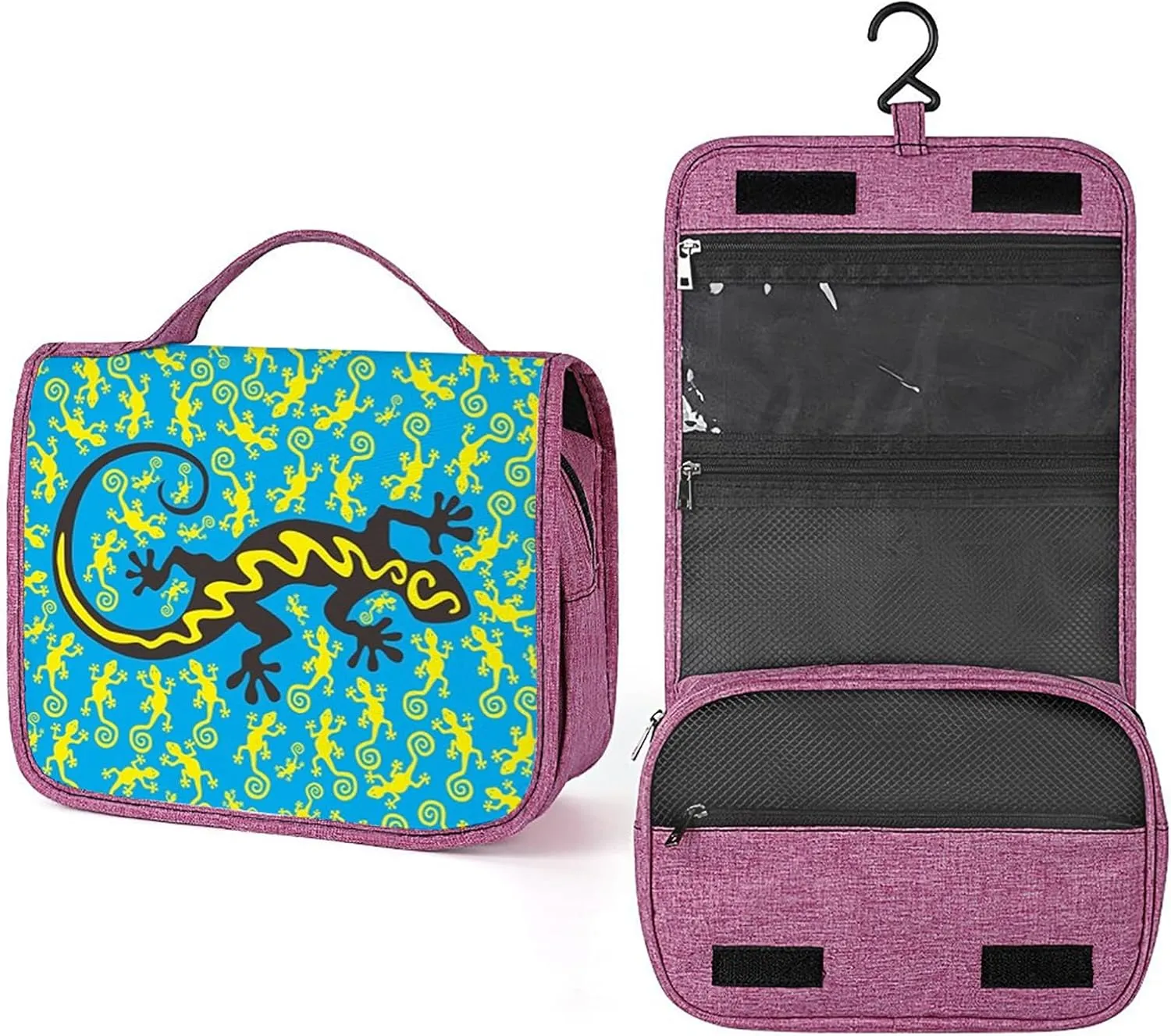Gecko,Toiletry Bag Travel Bag with Hanging Hook,Gecko Moon Lizard,Water-resistant Makeup Cosmetic Bag Travel Organizer for Accessories,Full-size Container,Blue Yellow Black