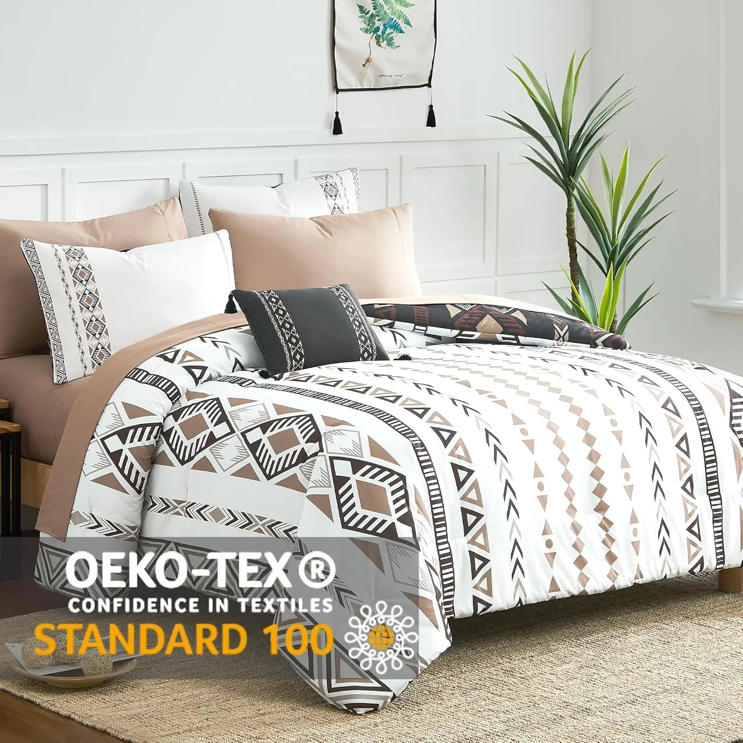 Geniospin Queen Comforter Set, Boho Aztec Comforter Set 8 Pieces, All Season Reversible Bed in A Bag, Soft Bedding, Lightweight, Warm and Breathable (Brown, 90"x90")