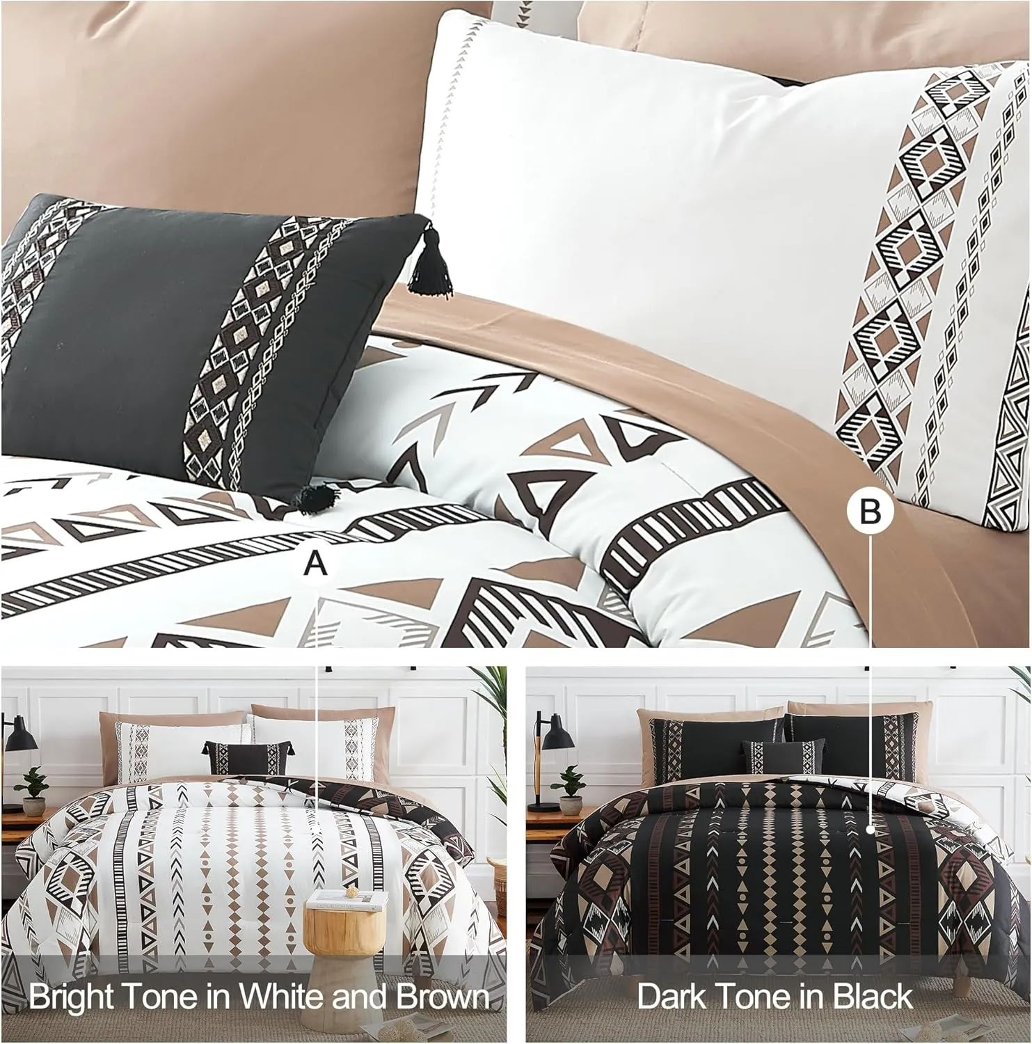 Geniospin Queen Comforter Set, Boho Aztec Comforter Set 8 Pieces, All Season Reversible Bed in A Bag, Soft Bedding, Lightweight, Warm and Breathable (Brown, 90"x90")
