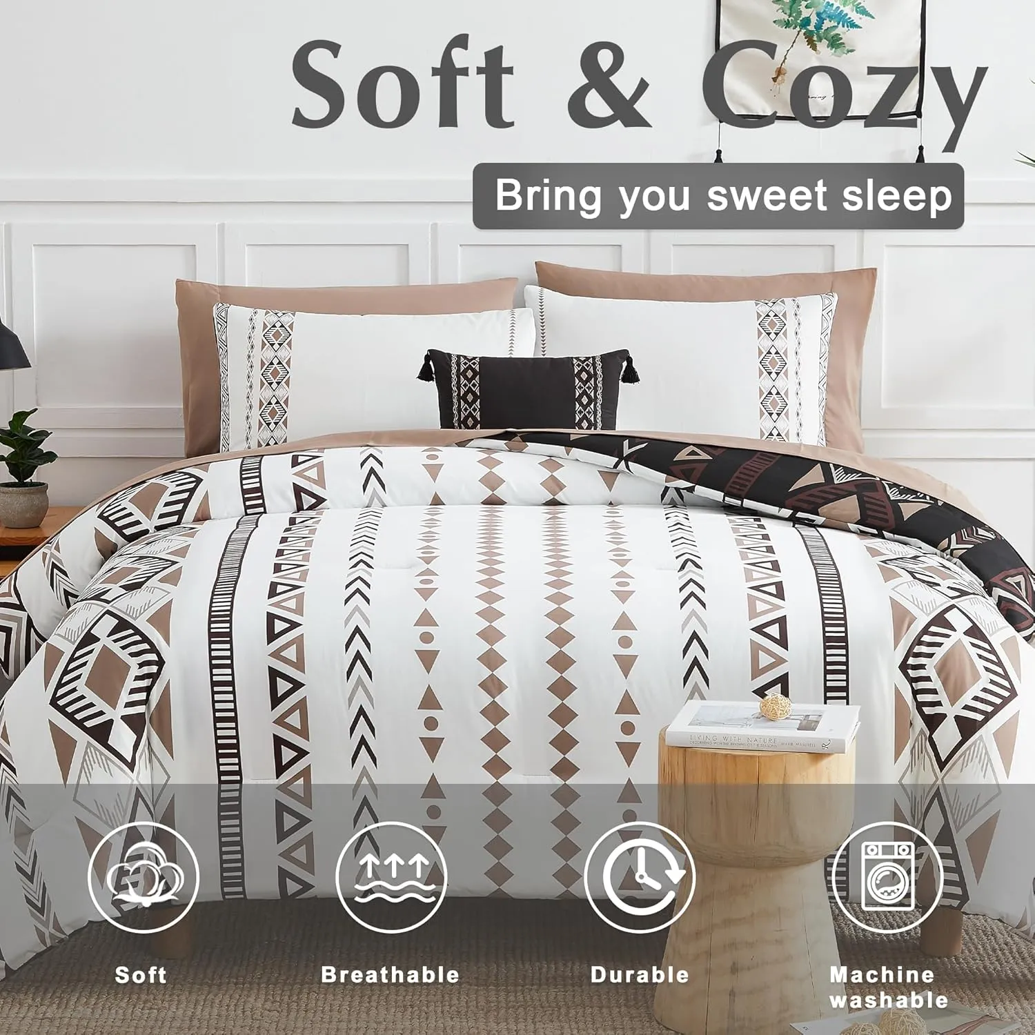 Geniospin Queen Comforter Set, Boho Aztec Comforter Set 8 Pieces, All Season Reversible Bed in A Bag, Soft Bedding, Lightweight, Warm and Breathable (Brown, 90"x90")