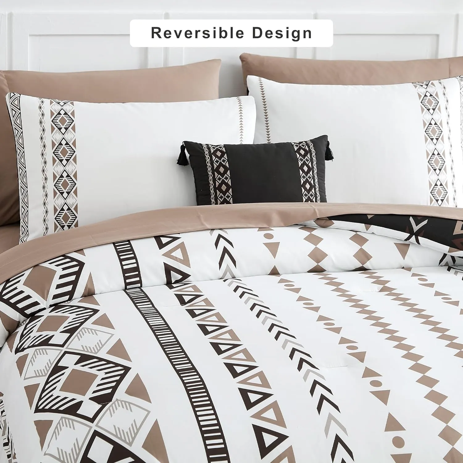 Geniospin Queen Comforter Set, Boho Aztec Comforter Set 8 Pieces, All Season Reversible Bed in A Bag, Soft Bedding, Lightweight, Warm and Breathable (Brown, 90"x90")