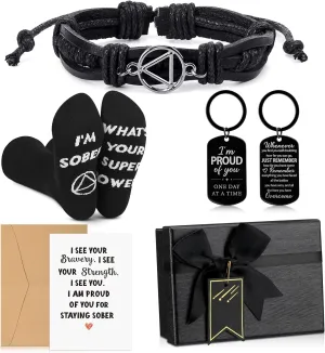 Geyoga 5 Pcs Sobriety Gifts for Men Valentine‘s Day Gifts Set Include Black Leather Aa Bracelet Sobriety Socks with Card Gift Box for Alcoholics Anonymous Addiction Recovery