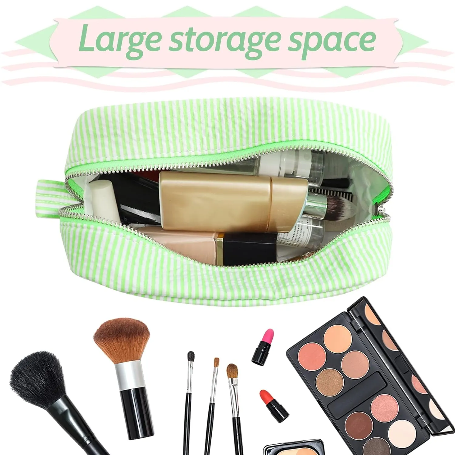 GFU Cosmetic Bags for Women, Seersucker Cosmetic Bag, Travel Toiletry Stripe Makeup Bag, Large Women Aesthetic Organizer Storage Pouch, Girls Handbags Purses, Green