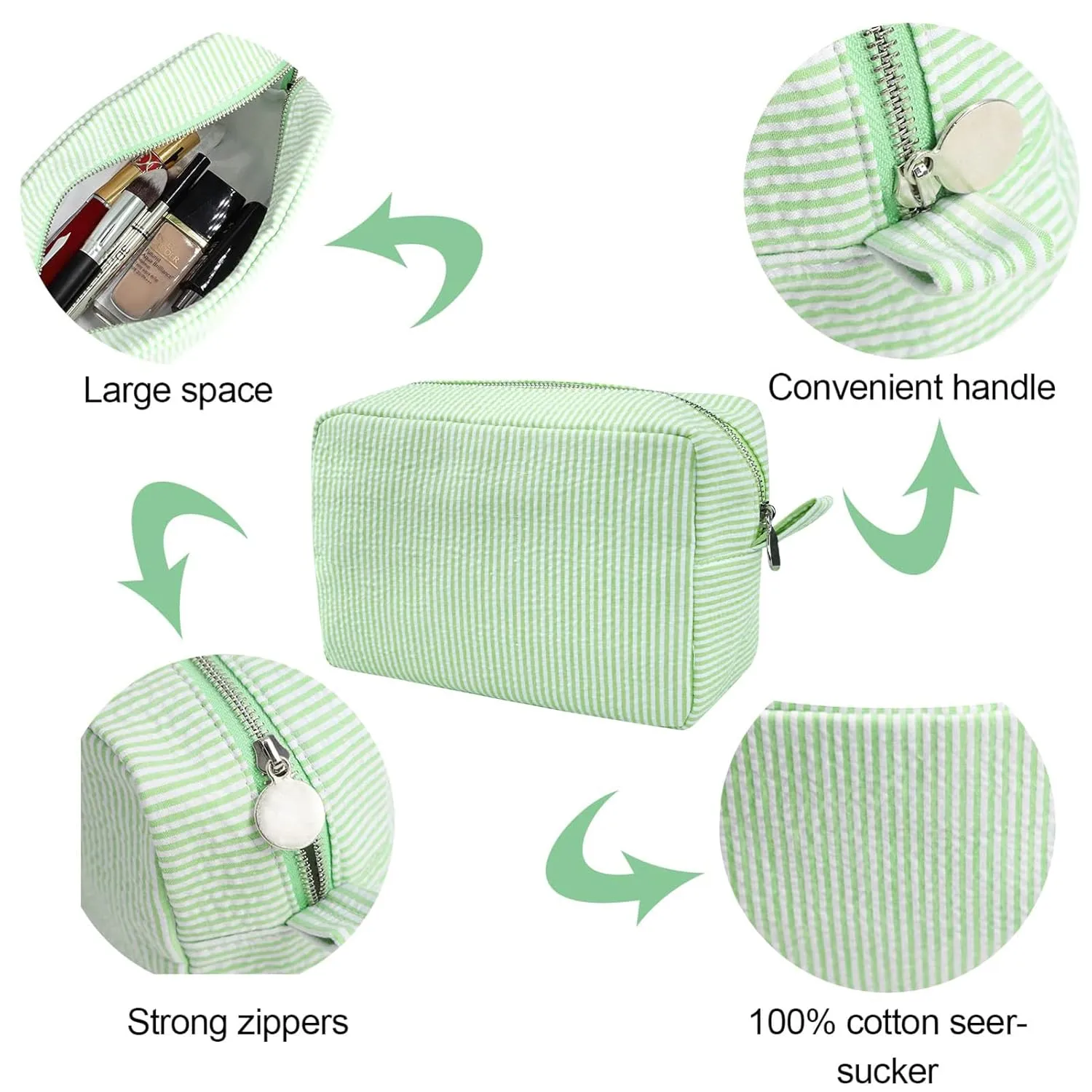 GFU Cosmetic Bags for Women, Seersucker Cosmetic Bag, Travel Toiletry Stripe Makeup Bag, Large Women Aesthetic Organizer Storage Pouch, Girls Handbags Purses, Green