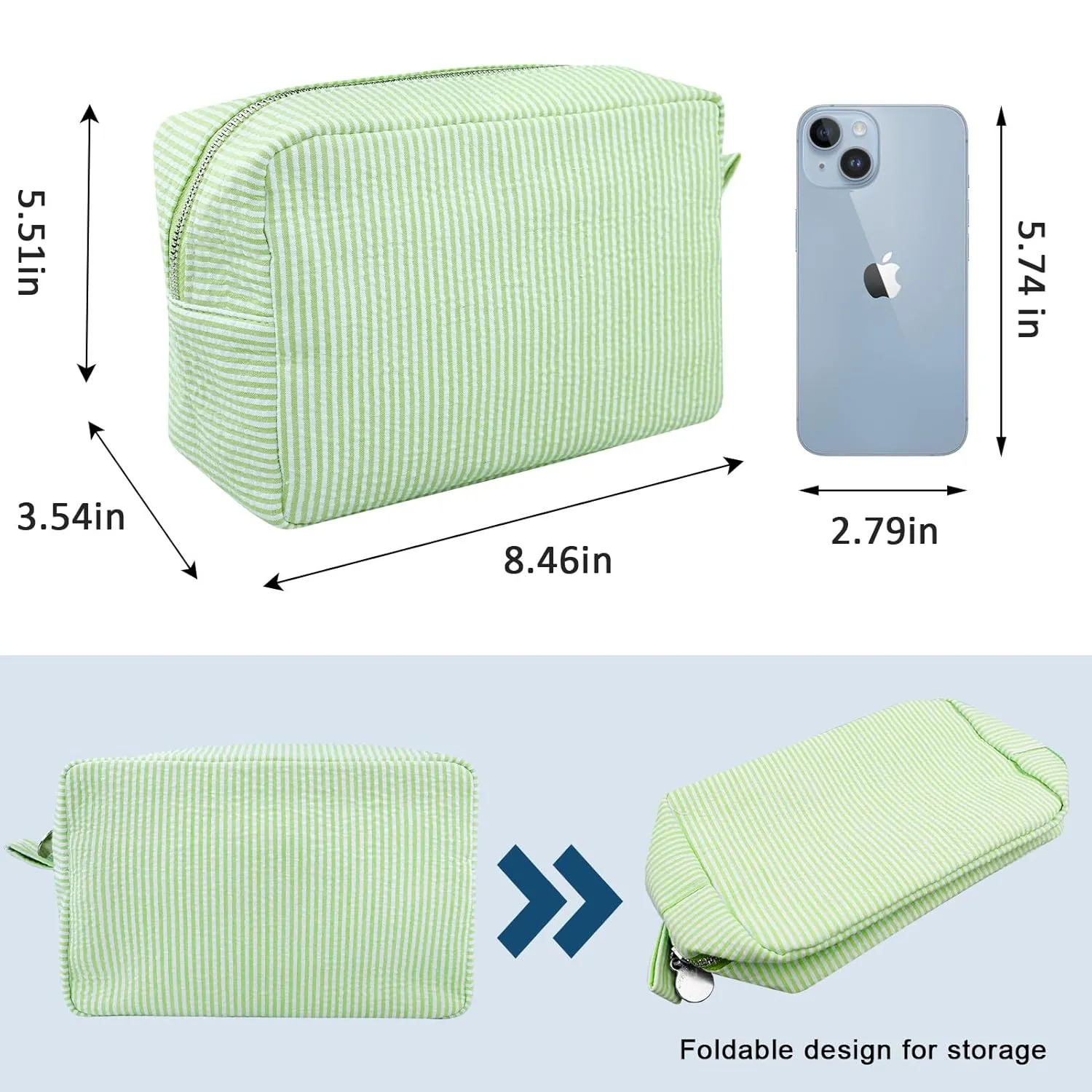 GFU Cosmetic Bags for Women, Seersucker Cosmetic Bag, Travel Toiletry Stripe Makeup Bag, Large Women Aesthetic Organizer Storage Pouch, Girls Handbags Purses, Green