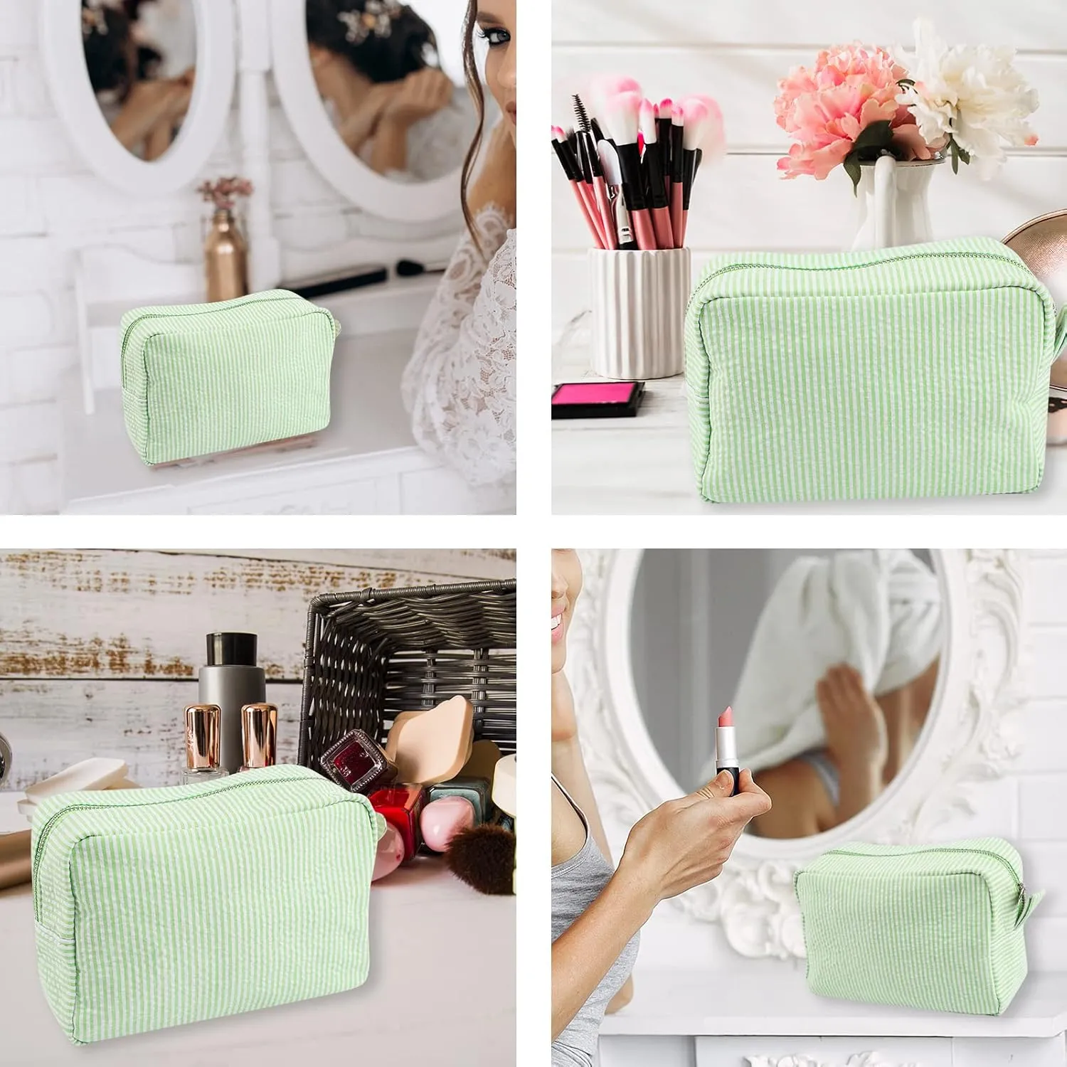 GFU Cosmetic Bags for Women, Seersucker Cosmetic Bag, Travel Toiletry Stripe Makeup Bag, Large Women Aesthetic Organizer Storage Pouch, Girls Handbags Purses, Green