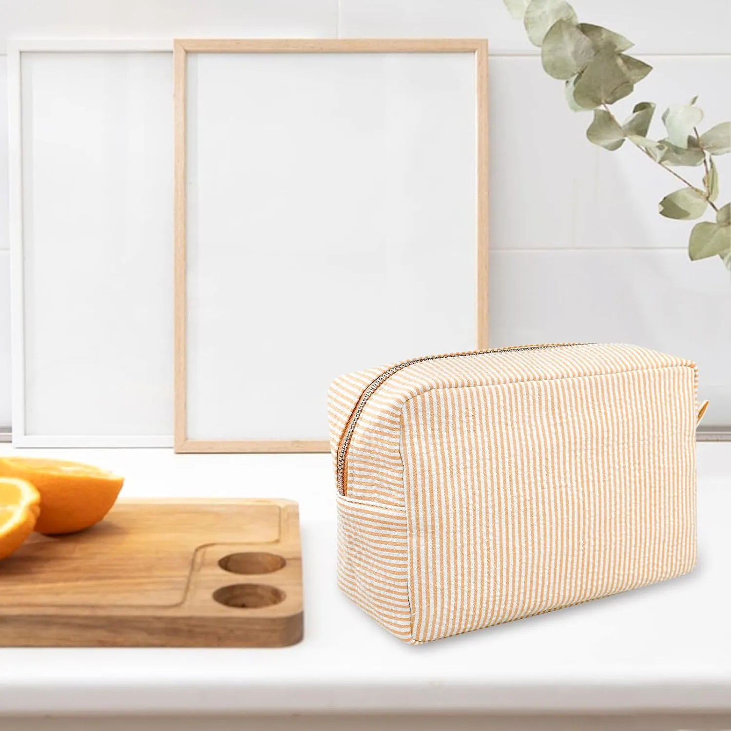 GFU Cosmetic Bags for Women, Seersucker Cosmetic Bag, Travel Toiletry Stripe Makeup Bag, Large Women Aesthetic Organizer Storage Pouch, Girls Handbags Purses, Orange