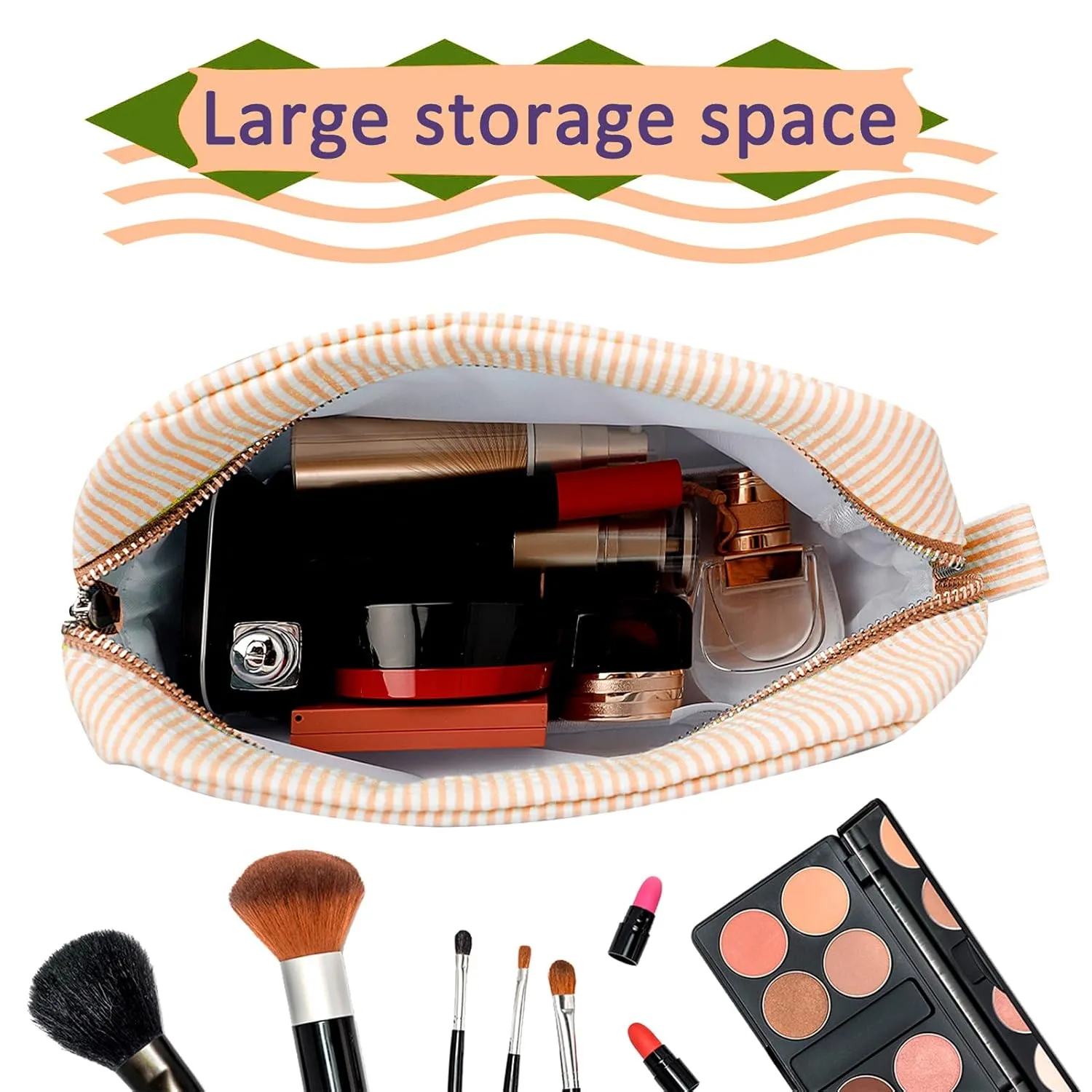 GFU Cosmetic Bags for Women, Seersucker Cosmetic Bag, Travel Toiletry Stripe Makeup Bag, Large Women Aesthetic Organizer Storage Pouch, Girls Handbags Purses, Orange